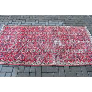 Vintage Turkish <b>Wool</b> Area Rug 3.8x7.6 ft (115x232 Cm) Eco Friendly Patchwork Design with <b>Red</b> Border and Latex Backing - Product Image 3
