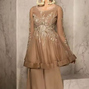 2024 Elegant <b>Chiffon</b> Peplum <b>Dress</b> Zari Embroidery Crystal Glass Beadsstone Dabka Lace Sequins Natural Dabka Work Diamond Beaded - Product Image 1