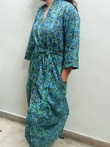 Main indienne bloc coton longue tenue robe de bain kimono femme et homme élégant plage couvrir kimono imprimé floral kimono imprimé sur - Product Image 2