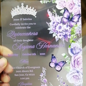 Invitations de <span class=keywords><strong>mariage</strong></span> floral violet clair transparent en PVC de 1mm <span class=keywords><strong>et</strong></span> Invitations de coing violet doré ANOS Lavande Lilas Invitations - Product Image 1
