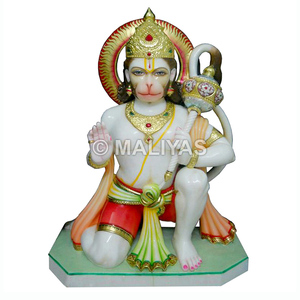 Statue de Hanuman Ji en marbre blanc |   Idole Bajrangbali agenouillée pour le temple domestique |   Maliyas - Product Image 1