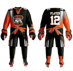 Uniforme de hockey sobre hielo personalizado, jerséis de cuello de encaje negro y naranja, uniformes de hockey sobre hielo al por mayor, uniformes de hockey sobre hielo de Pakistán