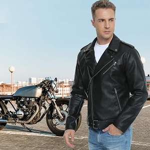Veste en cuir zippée décontractée pour homme Manteau d'extérieur coupe-vent pour motard Veste en cuir pour homme - Product Image 3