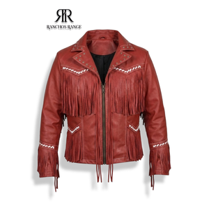 Crimson <b>Western</b> Fringe Satin Leather <b>Jacket</b>-Custom Logo Fur & Stripe Trim Solid Pattern - Product Image 1