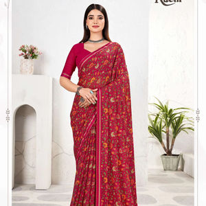 Saree en soie pure mousseline de soie indienne de style Bollywood avec bordure en dentelle fantaisie et pièce de chemisier, saree de belle couleur - Product Image 1