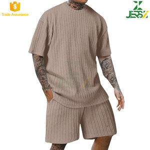 Tenue décontractée de couleur unie pour hommes, ensemble short et manches courtes en tricot, vêtements de plage légers, taille élastique, été, détente, grande taille - Product Image 3