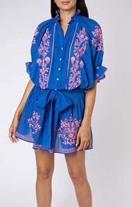 Customized 100% Cotton Work Blouse Neon Pink Floral Embroidery Free Size Includes <b>Slip</b> and Adjustable Waist Tie - Product Image 2