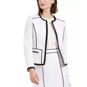 Calvin Klein Women's <b>White</b> <b>Zip</b>-<b>Up</b> Blazer Size 4 Contrast Piping Business Suit Style Embroidery Sequin Button Decorations Woven - Product Image 1