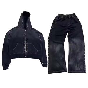 Conjunto de Sudadera con Capucha y Pantalones Deportivos Holgados con Pedrería, Estilo Lavado Ácido, Unisex, Invierno, 100% Algodón, 2026 - Product Image 2