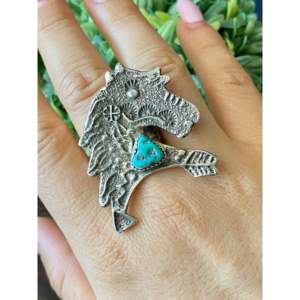 Delbert Arviso Kingman Turquoise Sterling <b>Silver</b> Tufa Cast Horse <b>Ring</b> Size 9.75 Bezel Setting Inlay Everyday Wear <b>Statement</b> <b>Ring</b> - Product Image 2