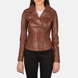 Chaqueta de motorista de piel de oveja auténtica para mujer, con cremallera, forro de viscosa acolchado y bolsillos interiores exteriores, color marrón - Product Image 1