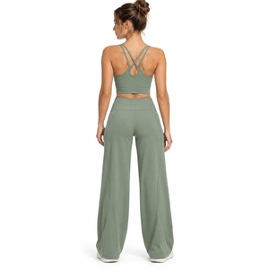 Conjunto Deportivo de Dos Piezas para Mujer: Top Corto con Espalda Cruzada y Pantalones de Pierna Ancha, Cintura Alta, para Yoga y Descanso, OEM, Marca Privada, Venta al Por Mayor - Product Image 3