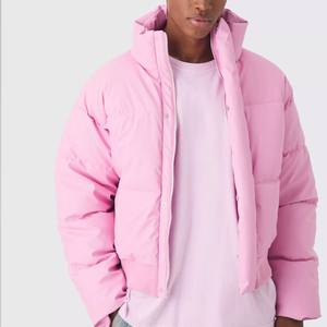 New Style Custom Logo Boxy Matte PU <b>Funnel</b> Neck Puffer Jacket In Pink Windproof Warm Winter Outdoor Quilted Down Men's Jackets - Product Image 1