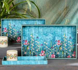 Handmade Vintage Floral Print Wood Serving <b>Tray</b> Set 3 Pcs Rectangular Decorative Table Platter For Home Restaurant Buffet Use - Product Image 2