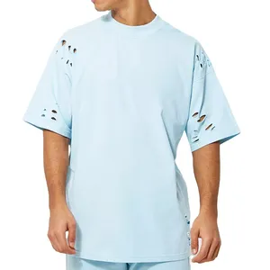 Verão Personalizado 100% Algodão Estendido Pescoço Em Branco Homens Distress Tee Camisas Oversized Street Wear Rasgado T Camisas