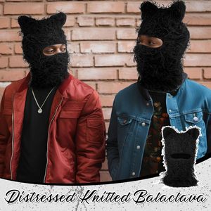 Pasamontañas desgastado negro Máscara de esquí con orejas de gato Gorro de punto Y2k Máscara de cara completa Gorro peludo Sombrero de invierno a prueba de viento Calentador de cuello - Product Image 4