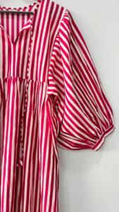 Vestido de verano de mujer hecho a mano rayas rosas Mini/Midi longitud cuello profundo estampado de bloque largo Material de algodón suelto dulce Natural - Product Image 5