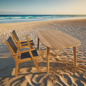 Elegante mesa de comedor de teca moderna con patas cónicas y borde ovalado rectangular para jardín, piscina, juego de muebles de teca para exteriores - Product Image 4