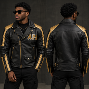 Veste en cuir pour homme brodée sur mesure APA Fraternity, noire et or, OEM ODM. - Product Image 5