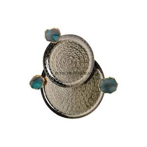 Set Of 2 Luxurious Quality Metal Round Shape Silver Shiny Polished Unique Design Engraved Serving Tray With Pink <b>Coaster</b> Handles - Product Image 3