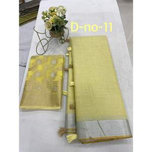 Tissu de coton en lin, sari doré, tissage de styliste tendance, travail sur de belles couleurs, vêtements de fête, vêtements traditionnels - Product Image 6