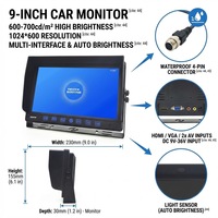 Moniteur de voiture VGA AV 9 pouces, caméras avant et arrière |   Écran partagé |   Imperméable |   800 nit, lisible en plein soleil |   Prise d'aviation à 4 broches |   1080P