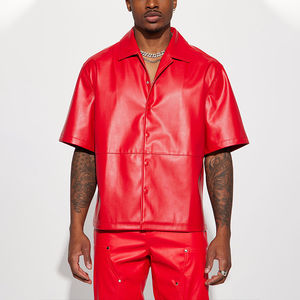 NEW 2024 style Black Summer Custom Logo Men Blank Faux PU Leather <b>Short</b> <b>Sleeve</b> <b>Button</b> <b>Up</b> Shirts - Product Image 6