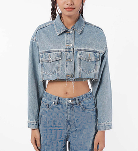 OEM personalizado Primavera al por mayor casual prendas de vestir lavado ácido abotonado de manga larga de gran tamaño de las mujeres Chaqueta corta de mezclilla media chaqueta - Product Image 3