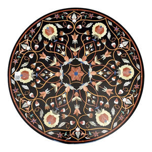 Haut de Table de salle à manger en marbre, noir, à incrustation magnifique, Style indien poli, forme ronde, Design attrayant, meilleure qualité - Product Image 1