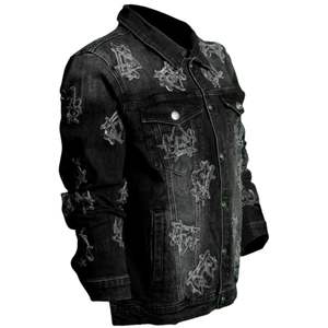 Chaqueta Vaquera Negra para Hombre, Diseño Desgastado, Cierre de Botones, Manga Larga, Estilo Urbano Informal, Prenda Exterior de Mezclilla - Product Image 3