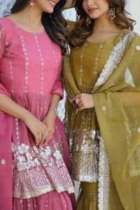 Elegante conjunto de Sharara brillante completamente cosido Traje de invitado de boda para bodas y fiestas de verano-Ropa india y pakistaní - Product Image 6