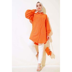 Chemise en lin de soie orange avec col montant brodé de perles à revers motif rayé taille XL vêtements longs pour la saison d'automne - Product Image 4