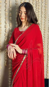Designer Trending High Quality Soft Fabric Handmade <b>Red</b> <b>Silk</b> & Chiffon Women Saree for Party Occasions - Product Image 5