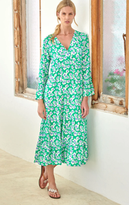 Vestido maxi de seda con estampado Dabu de gran venta con escote Henley y cierre de corbata, ropa informal para mujer, talla regular al por mayor - Product Image 4