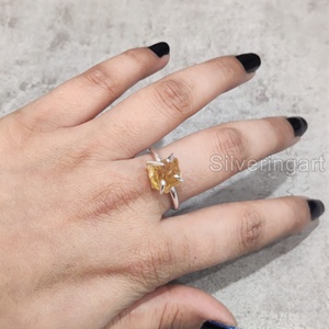 Bijoux en pierre brute Bague pour femme Citrine réglable naturelle Pierre précieuse Novembre Birthstone Prong Band Bague en argent sterling 925 - Product Image 3