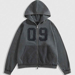 À la mode hommes personnalisé lettre imprimé lavage à l'acide sweat à capuche zippé décontracté à manches longues goutte épaule poche capuche pour hommes - Product Image 1