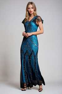 Vestido de cóctel de satén de longitud completa ajustado con cuello en V atemporal bordado perlas recto transpirable ecológico antiestático - Product Image 6