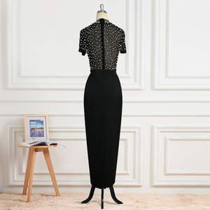 Robes de soirée élégantes noires pour femmes, en satin moulant avec perles et patchwork, taille naturelle, collection printemps - Product Image 4