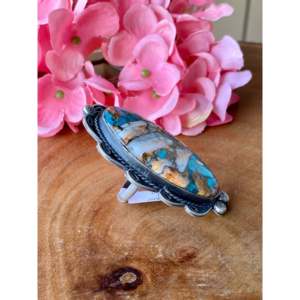Gilbert Nez Mohave Turquoise Sterling <b>Silver</b> Statement <b>Ring</b> Bezel Set Geometric Moon Pattern <b>Boho</b> Style Size 5.75 Everyday Wear - Product Image 3