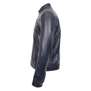 Chaqueta de motorista de cuero genuino azul de estilo informal clásico para hombre, chaqueta de cuero de motorista Real ajustada de manga larga con cuello levantado y cremallera frontal - Product Image 5