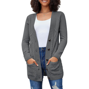 Suéter de mujer, prendas de vestir informales de manga larga, cárdigan frontal abierto con botón, suéter de invierno de punto grueso con bolsillos, abrigo Suelto - Product Image 4