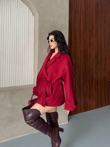 Manteau trench en tissu brossé rouge avec ceinture, double boutonnage, col chemise, manches longues, automne, décontracté, réversible, coupe-vent - Product Image 2
