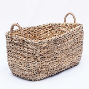 Natural Water Hyacinth Seagrass <b>Storage</b> <b>Basket</b> <b>Rectangular</b> Bin Chunky Braid Arch Handle Table Planter Pure Art Setup Room Decor - Product Image 1