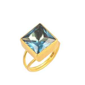 24K <b>Gold</b> Square Aquamarine <b>Ring</b> Handmade Geometric Fine Jewelry with Radiant Cut Natural Stone and Invisible Setting Nusrettaki - Product Image 3