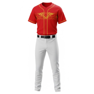 Ensemble de tenue de baseball rouge à sublimation, best-seller, avec imprimé géométrique jaune sur la poitrine, maillot à col en V et pantalon blanc à ceinture - Product Image 2