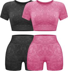 Ensemble d'entraînement 2 pièces côtelées sans couture pour femmes haut court à manches courtes Short de yoga taille haute en coton pour la salle de sport de tous les jours - Product Image 1