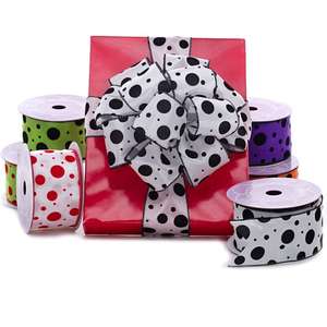 Fashioned Satin <b>Wired</b> <b>Ribbon</b> with Flocked Dots Polyester Silk Material for Gift Wrapping Decorative Purposes Available in Spool - Product Image 1