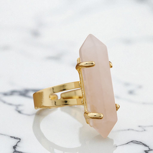 Bagues de pierres précieuses en quartz rose de guérison à double pointe-Bague pour femme en plaqué or avec longue pierre-Bijoux en cristal en argent 925 - Product Image 1