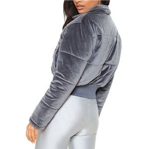 High Quality Custom Velour <b>Women's</b> Puffer Jacket New Design Cropped <b>Velvet</b> Windproof with Stand Collar - Product Image 3