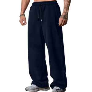 Pantalones de hombre de color azul marino lavados, pantalones de chándal de lana de gran tamaño con cintura elástica con cordón, pantalones de calle de ajuste relajante - Product Image 1